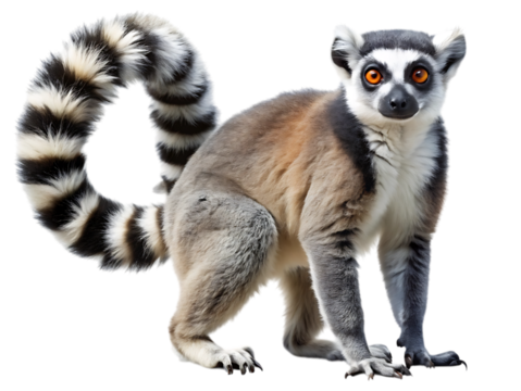 A ringtailed lemur, a primate native to madagascar, with its distinctive black and white striped tail curled around its body, isolated on transparent background