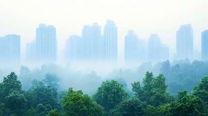 A serene scene of towering skyscrapers shrouded in mist, framed by lush green trees, ideal for themes of nature vs, urbanization, environmental awareness, or modern city living,