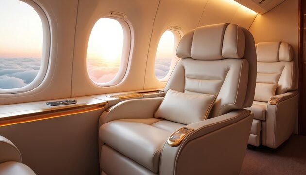Airplane interior shot with comfortable leather seats. Private jet cabin shows luxury travel in style. Sky view with sunset from plane window. Business class travel for wealthy people.