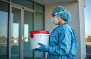 Medical staff in blue scrubs, mask, cap, and glasses carries organ container. Pro transporter moves donor organ for surgery, important medical procedure.