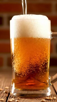 Frothy beer pouring into glass. Refreshing beverage creates foam and bubbles. Bar atmosphere provides casual enjoyment and social experience. Perfect for gatherings.