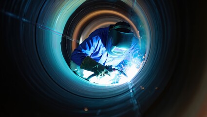 A welder is welding inside a pipe.