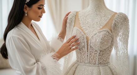 Bride prepares for her wedding day while admiring a stunning gown at a stylish bridal boutique in the morning light