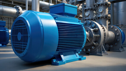 Blue electric motor in an industrial workshop