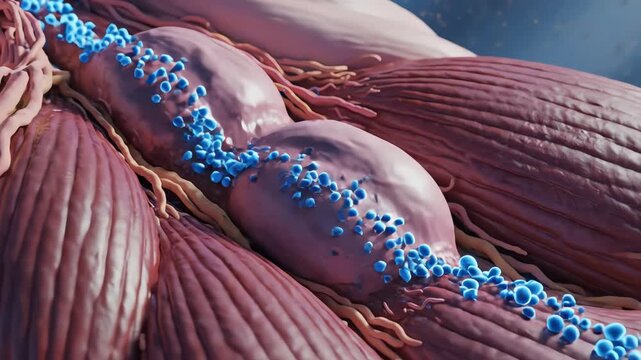 Muscle recovery at molecular level, omega3 molecules binding to inflamed tissue fibers, cooling them in a soft blue light