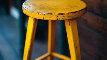 Close-up of a yellow stool with wooden seat