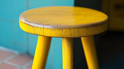 Close-up of a yellow stool with wooden seat