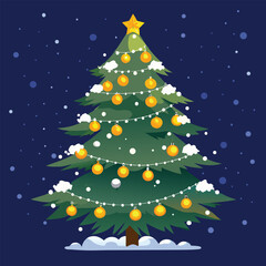 Decorated Christmas Tree with Snow and Lights Keywords: Christmas tree, decorated, festive