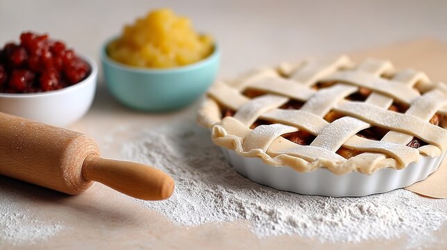 Pie with a lattice crust is sitting on a table with a rolling pin and some bowls of fruit