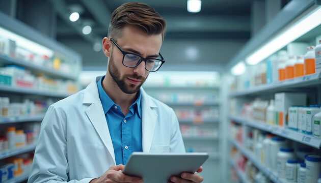 Young male pharmacist in white coat, glasses uses sleek digital tablet. Efficiently checks medicines, vitamins, health products availability on store shelves. Pro manages pharmacy inventory with