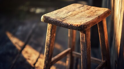 Close-up of old wooden stool in sunlight against a rustic setting