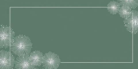 A green background with white fireworks and a white frame