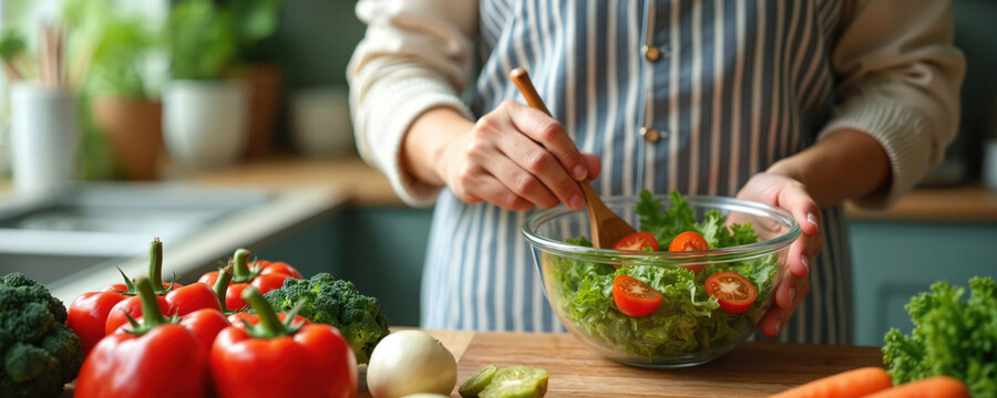Woman preparing fresh salad in bowl. Mixing green vegetables with wooden spoon in glass bowl. Healthy eating habits. Dietitian plans diet, suggests food to improve wellness. Proper nutrition for