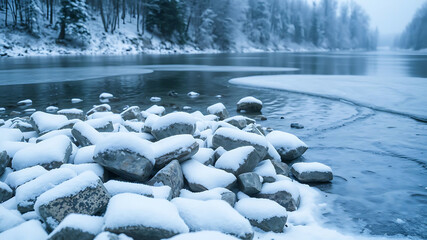 Snow-covered stones along frozen riverbank