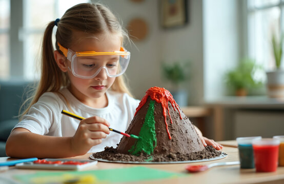 Little girl in protective glasses paints a volcano model during science project. Child makes volcano for school experiment at home. Kid studies earth science and chemistry.