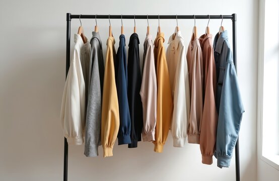 Modern black clothes rack holds variety of stylish apparel. Different colored sweaters, shirts, light jackets hang neatly on wooden hangers. Indoor fashion display against white wall shows casual
