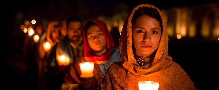 The procession of las posadas participants carries candles like stars dancing through the night.