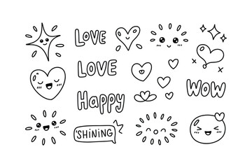 Collection of cute handdrawn doodle elements with words like love and happy