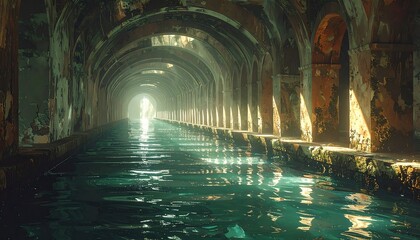 Ancient flooded tunnel with arches illuminated by sunlight, evoking mystery