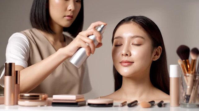 Skilled makeup artist is completing a stunning makeup on a model of Asian descent, applying a setting spray to her face for a flawless and durable finish