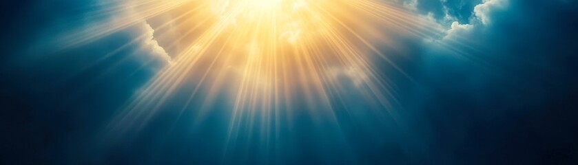 Vibrant rays of sunlight pierce through dark clouds, creating a dramatic and uplifting scene, Ideal for themes of inspiration, hope, spirituality, or natural beauty in various media projects,