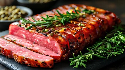 Delicious smoked meat preparation with fresh herbs and spices for a perfect barbecue