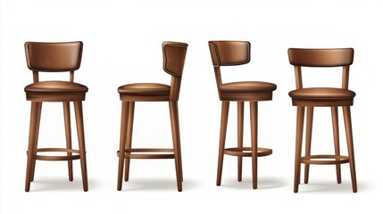 Editable vector illustration of bar chair with front, side, and top views on white background