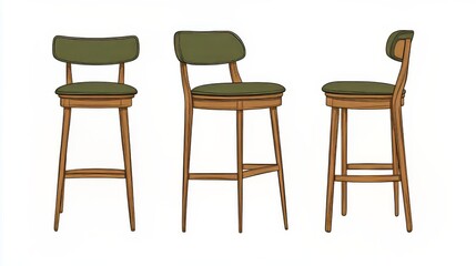 Editable vector illustration of bar chair with front, side, and top views on white background