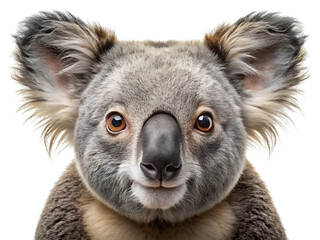 Closeup portrait of a cute koala bear with large fluffy ears and dark eyes, isolated on a transparent background, showcasing its adorable facial features and soft grey fur