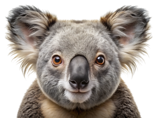 Closeup portrait of a cute koala bear with large fluffy ears and dark eyes, isolated on a transparent background, showcasing its adorable facial features and soft grey fur