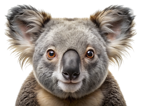 Closeup portrait of a cute koala bear with large fluffy ears and dark eyes, isolated on a transparent background, showcasing its adorable facial features and soft grey fur