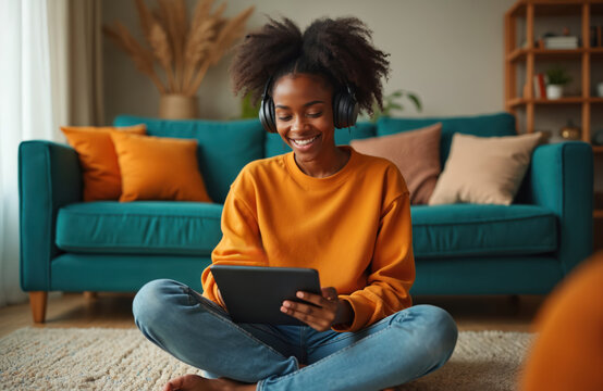 Smiling woman uses tablet and headphones in living room. Female relaxes on carpet at home. Girl listens music, surfs web or watches content. She enjoys digital media leisure time.