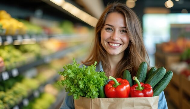Smiling girl holds paper bag with veggies in supermarket. Young woman buys vegetables peppers and zucchini. Person buys healthy organic food. Concept for eco lifestyle and vegetarianism.