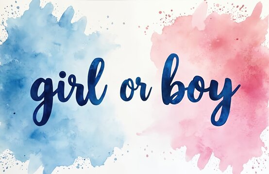 Watercolor painting spells girl boy in blue script. Pink, blue splashes behind words. Gender reveal party graphic. Cute art for baby announcement, invitation, celebration. New parents share news - Powered by Adobe