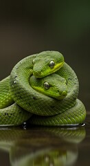 Fototapeta premium Green Snake Pair Coiled Together