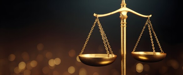 The shining golden scales of justice represent law and impartial fairness in courtroom settings