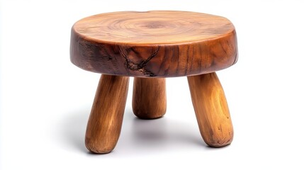 Handmade four-legged round wooden stool isolated on white background