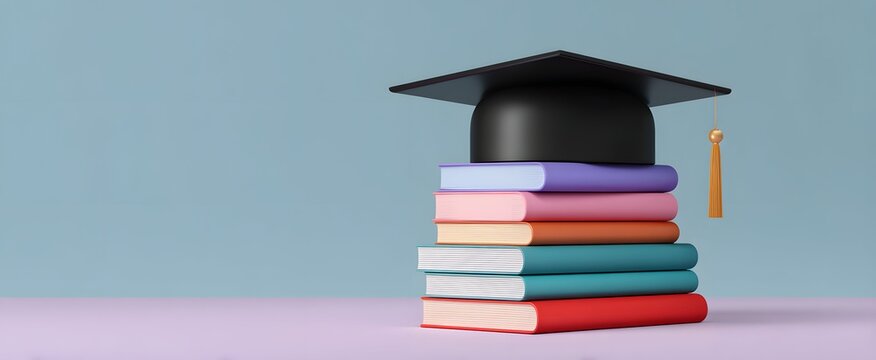 The graduation cap proudly crowns blue books evoking triumph and pride.