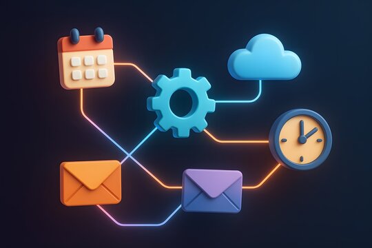 3D Floating Workflow Icons Connected by Glowing Lines — Productivity and Digital Ecosystem