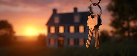 The keys symbolize fresh new beginnings outside a stunning home glowing at sunset