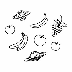 Minimilist illustration of various fruits and planets including bananas grapes apples and saturn like planets vector
