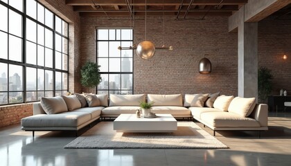 Luxurious living room interior with a modern design aesthetic. The space features a large sectional sofa a coffee table and a rug. Exposed brick walls and large windows offer city views.