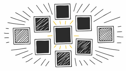 Minimilist hand drawn arrangement of square frames with radiating lines and central focus on one frame design at center vector