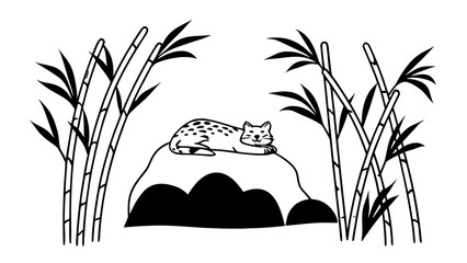 Minimilist a spotted cat rests on a rock surrounded by bamboo stalks in a black and white illustration style image vector