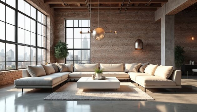 Luxurious living room interior with a modern design aesthetic. The space features a large sectional sofa a coffee table and a rug. Exposed brick walls and large windows offer city views. - Powered by Adobe