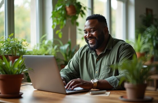 Happy black man works on laptop at desk. Home office with plants. Male in green shirt smiles watching screen. African American types on computer. He enjoys telecommuting, freelance work. - Powered by Adobe