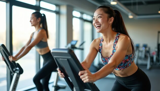 Two women workout on exercise bikes in modern gym. Young female athletes train on stationary bicycles. Fitness center with large windows. Healthy lifestyle, sport activity for women. Female friends