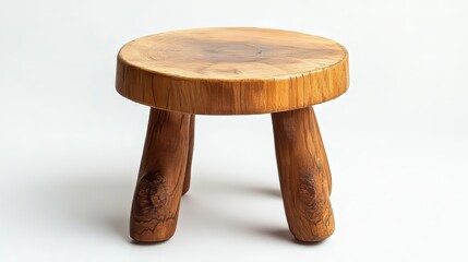 Handmade wooden stool with four legs and round top on white background