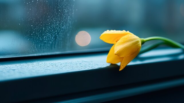 A close-up of a vibrant yellow tulip resting on a rainy window ledge, showcasing droplets of water on the glass and flower petals, perfect for themes of nature, tranquility, and seasonal change, - Powered by Adobe