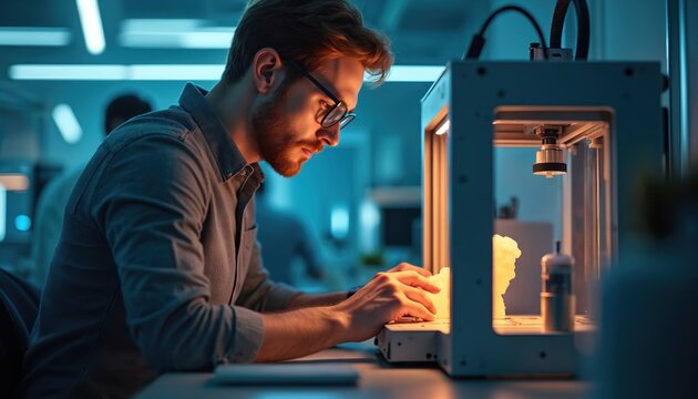 Man works with 3d printer in modern lab. Engineer creates plastic prototype model using digital manufacturing tech. Innovation and design concept in science.
